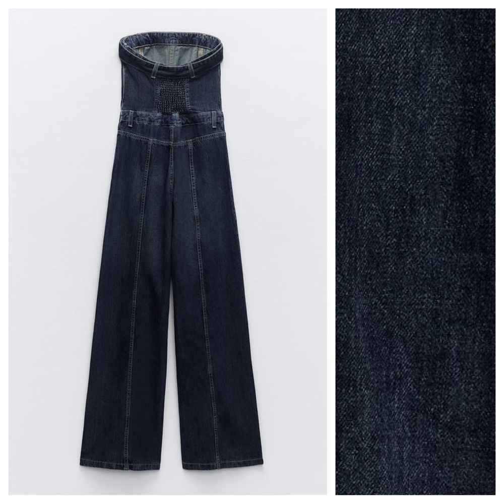 NWT. Zara Navy Blue Strapless TRF Denim Jumpsuit. Size XS. - Picture 8 of 14